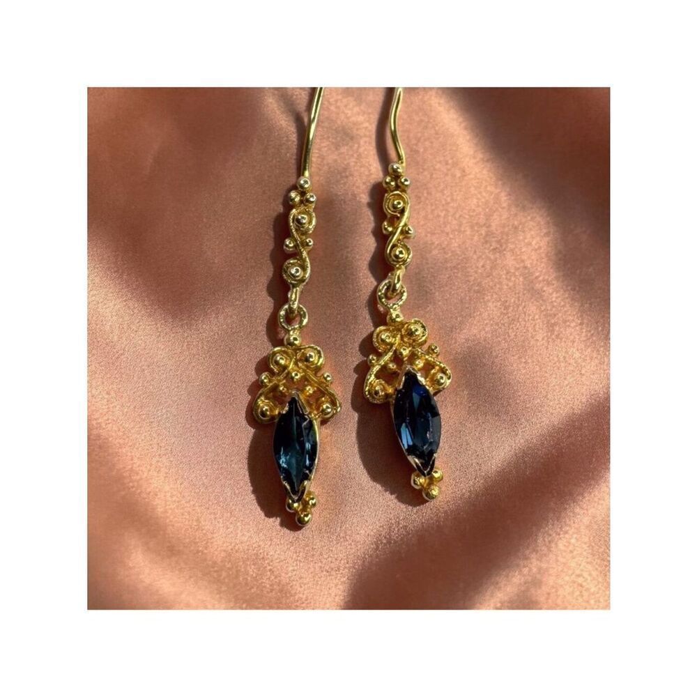 Estate Art Nouveau 14K Gold Sapphire Drop Earrings Romantic Antique Dangles 1.6g